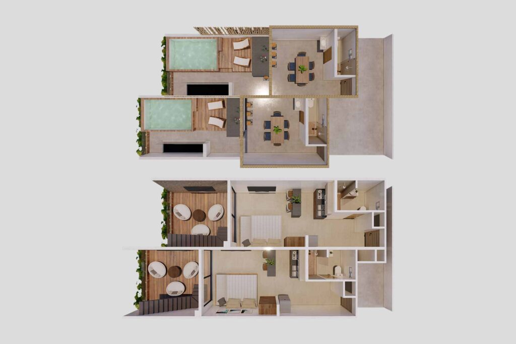 Departamento tipo estudio que se compone de 44.8350 m2 totales. En el interior cuenta con 30.135 m2, los cuales se distribuyen en espacios como: un baño completo, cocina, dormitorio y espacio para almacén de blancos o alacena. En el exterior cuenta con una terraza frontal cubierta de 14.70 m2.